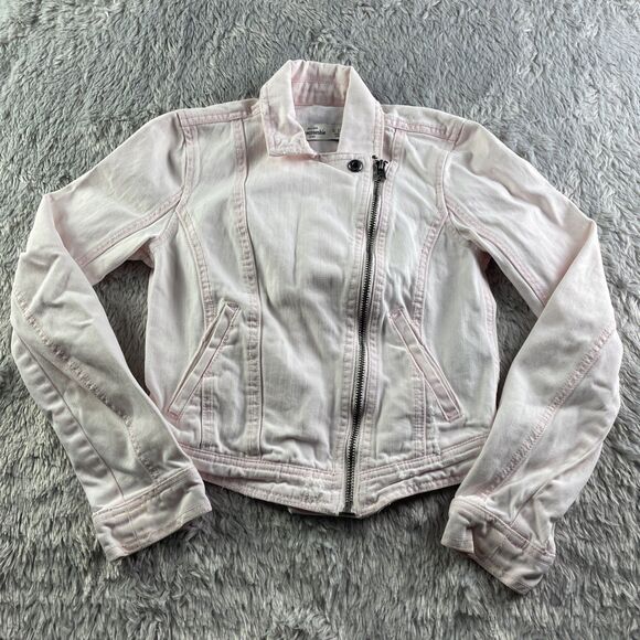 Abercrombie Kids Jean Jacket Girls Small Pink Distressed Denim Rock Retro Zip - Picture 2 of 8
